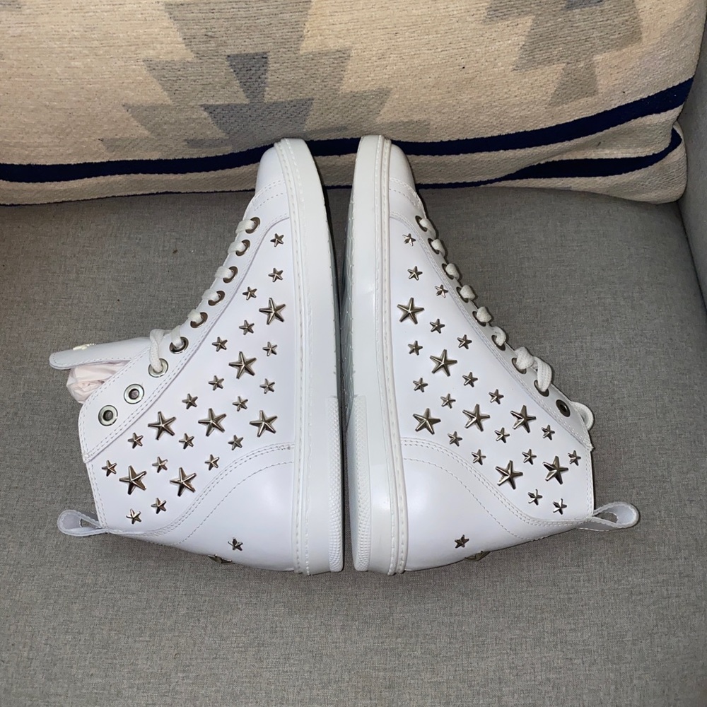 FINAL SALE Jimmy Choo colt studded star mid top WHITE sneakers logo NWT - Picture 8 of 9
